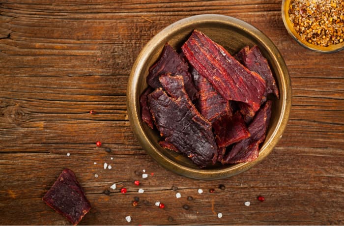 Jerky in a bowl on a table